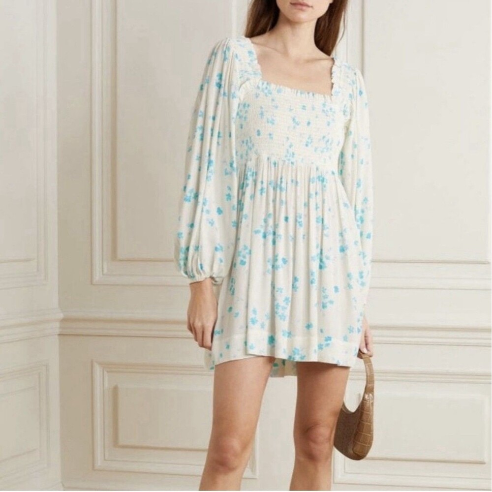 GANNI Floral Crepe Mini Dress EU 38 US 6 White Blue Smocked Balloon Long Sleeve